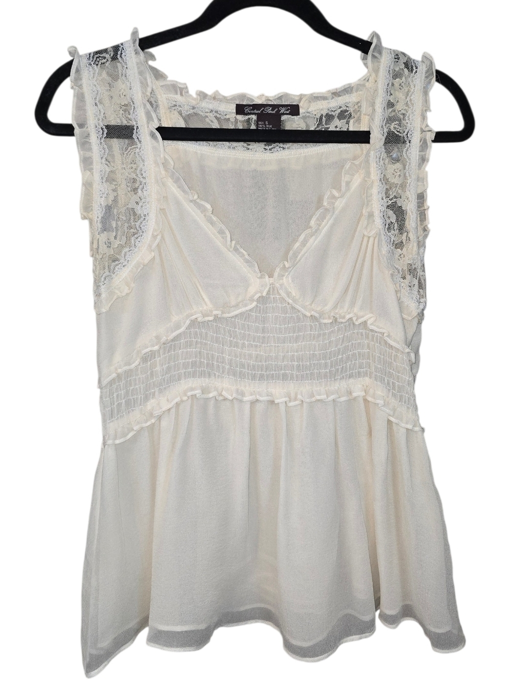 Central Park West Y2K Silk Lace Ruffle Top Cream Boho Romantic Blouse Size Small